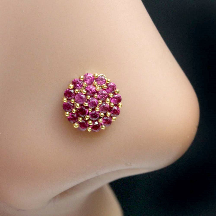 Beautiful Round Floral Indian Style Nose ring Pink CZ Twisted Nose Stud 22g - QD