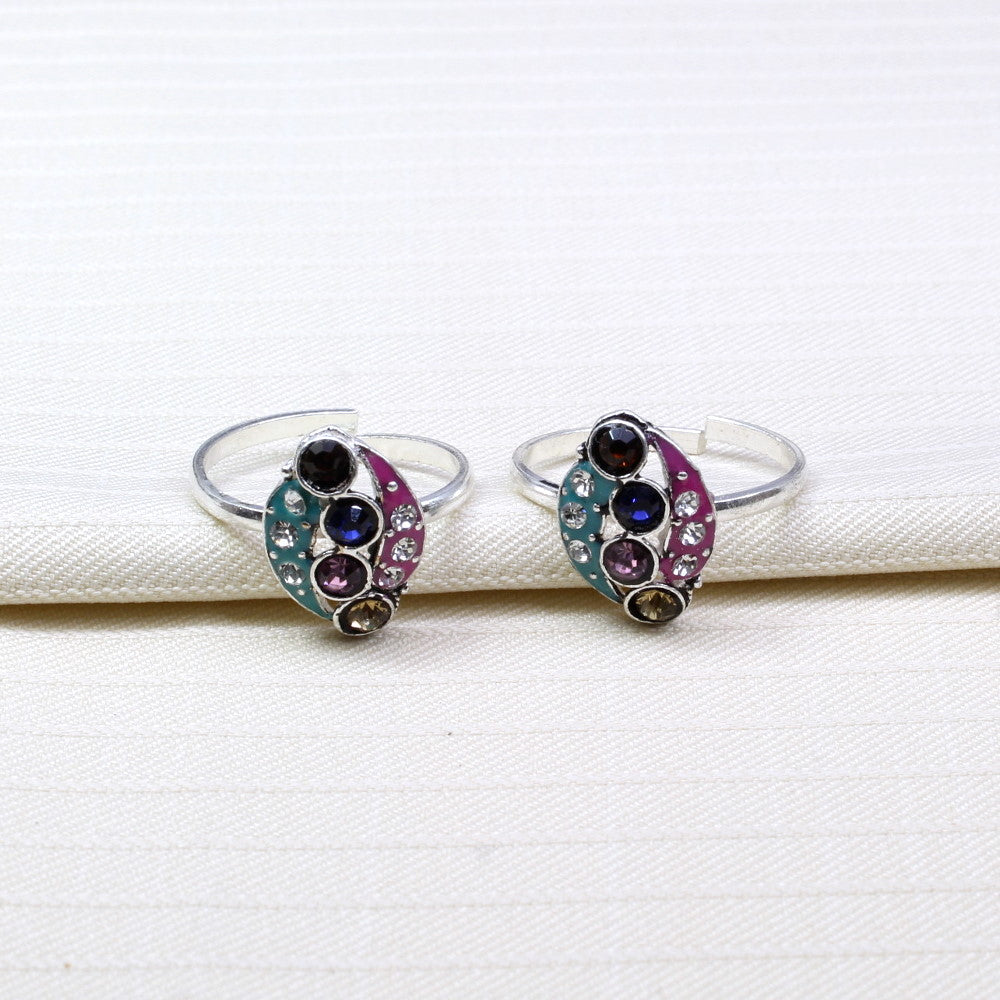 Indian Style Handmade Crystal Enamel Toe Rings Pair Real Solid Silver for women