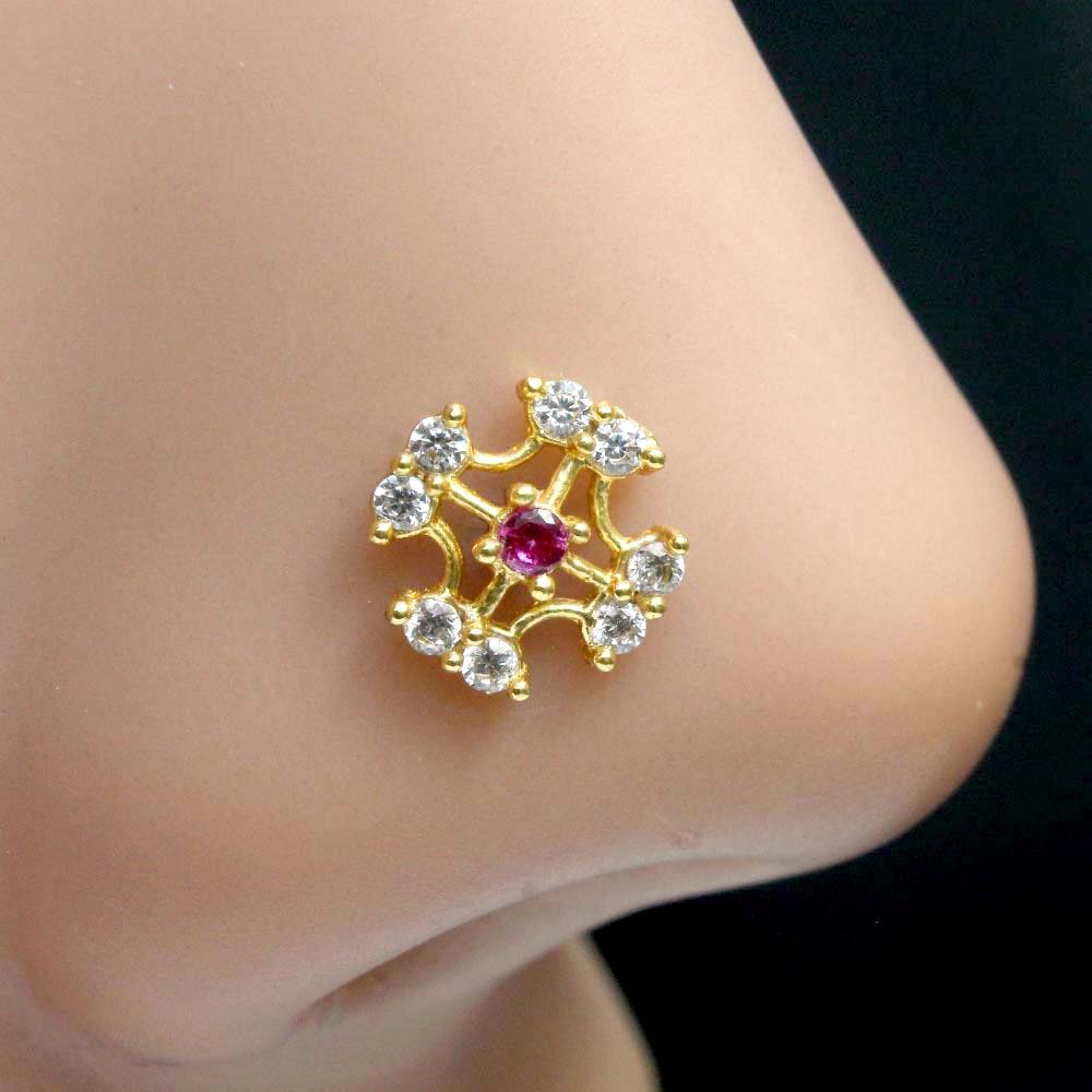 Cute Ethnic Indian Style Nose ring Pink White CZ Twisted nose ring 22g - QD