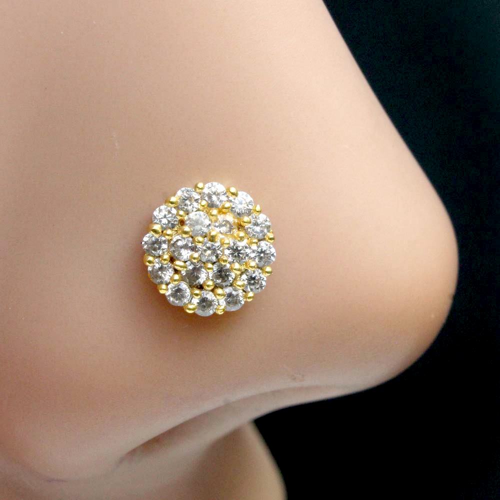 Beautiful Round Floral Indian Women Nose ring White CZ Twisted Nose Stud 22g- QD