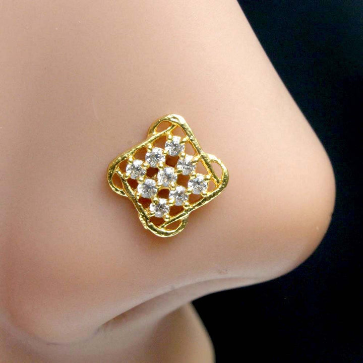 Ethnic Square Floral Indian Style Nose ring White CZ Twisted Nose Stud 22g- QD