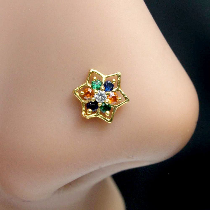 Floral Star Style Indian Nose ring Multicolor CZ Twisted nose ring 22g - QD