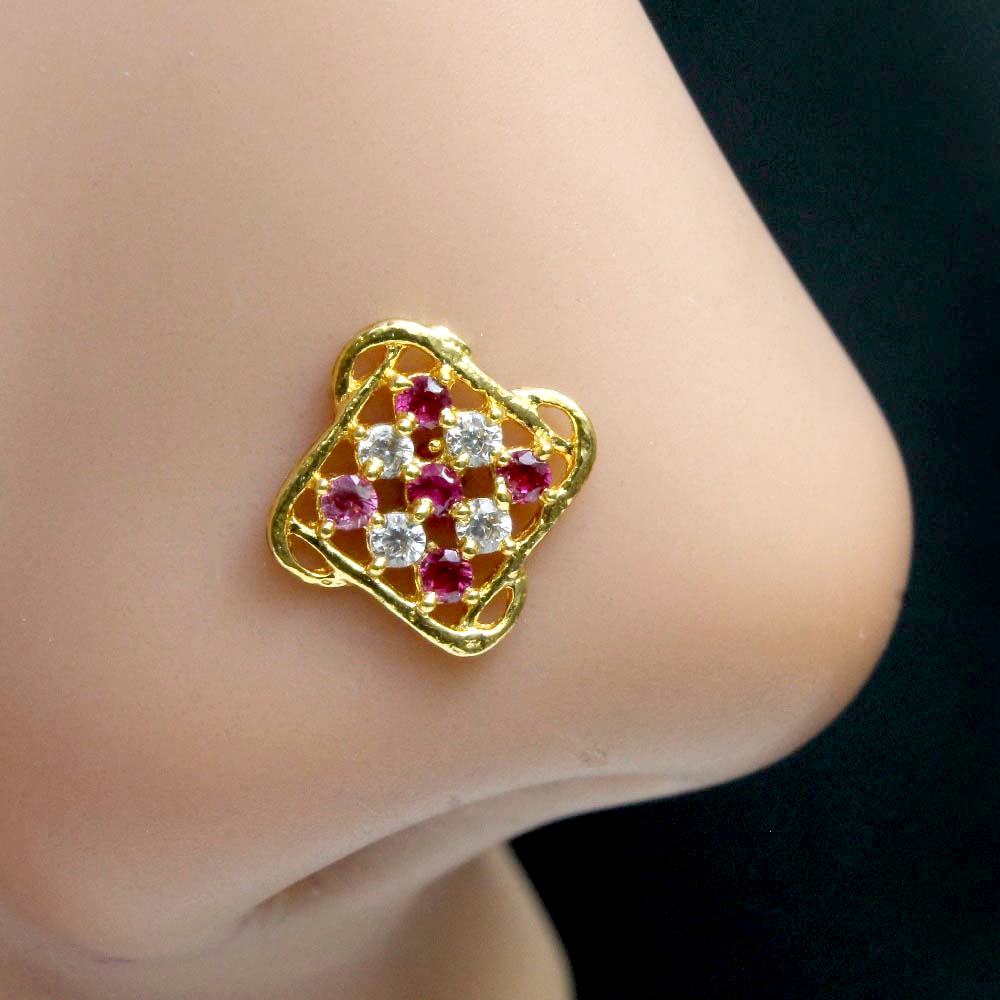 Floral Square Ethnic Style Nose ring Pink White CZ Twisted nose ring 22g - QD