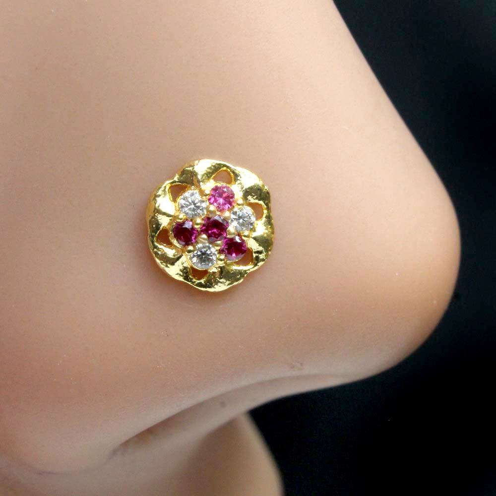 Floral Wheel Indian Style Nose ring Pink White CZ Twisted nose ring 22g - QD