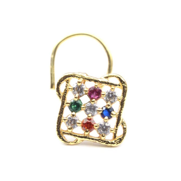 Beautiful Square Indian Style Nose ring Multicolor CZ Twisted nose ring 22g - QD