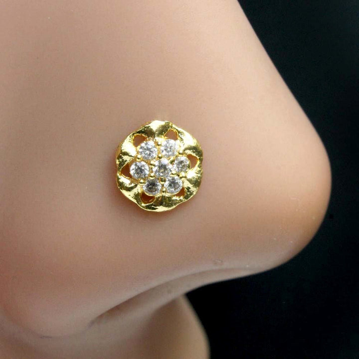 Indian Ethnic Floral Style Nose Stud White CZ Twisted nose ring 22g - QD