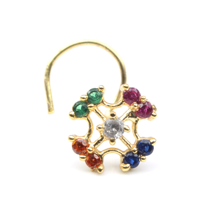 Beautiful Ethnic Indian Nose ring Multicolor CZ Corkscrew nose ring 22g- QD