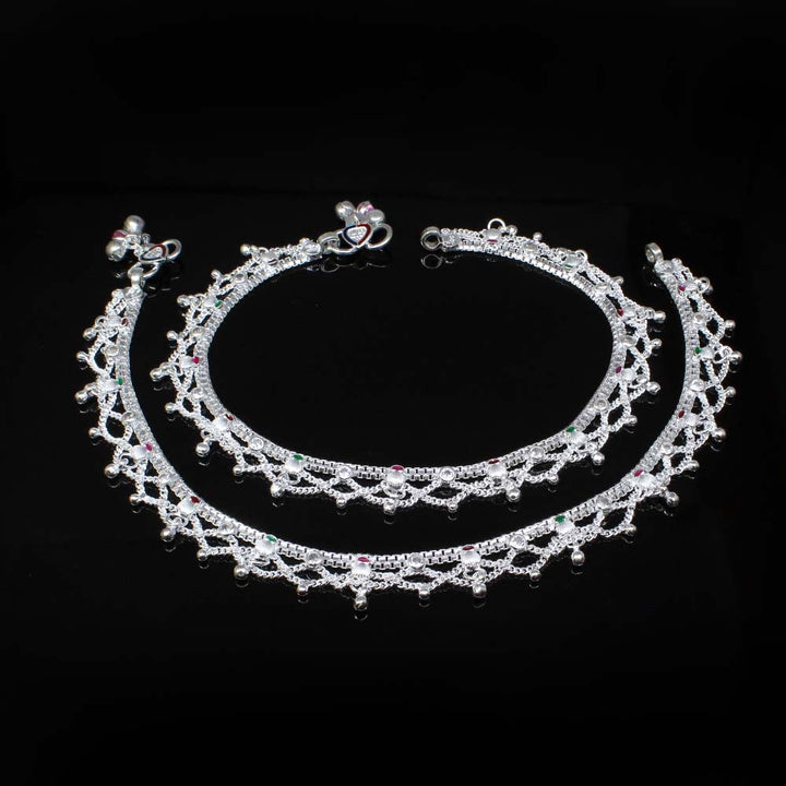 Real Solid Silver Indian Traditional Women Anklets Bracelet Pair 10.4"