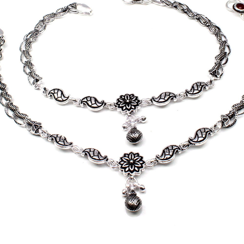 Traditional Oxidized Flower Indian Sterling Silver Ankle Anklets for women 10.8"