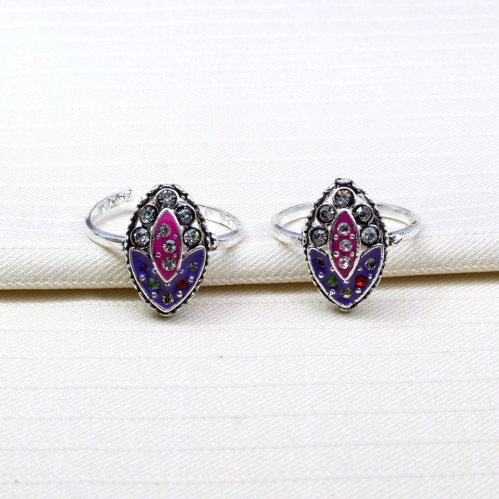 Ethnic Indian Style Handmade Crystal Enamel Toe Rings Pair Real Solid Silver