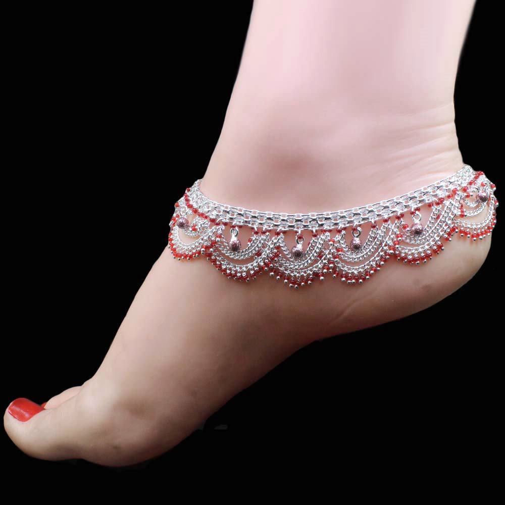 Red Beads Bridal Traditional Style Real 925 Silver Women Anklets Pair 10.5"