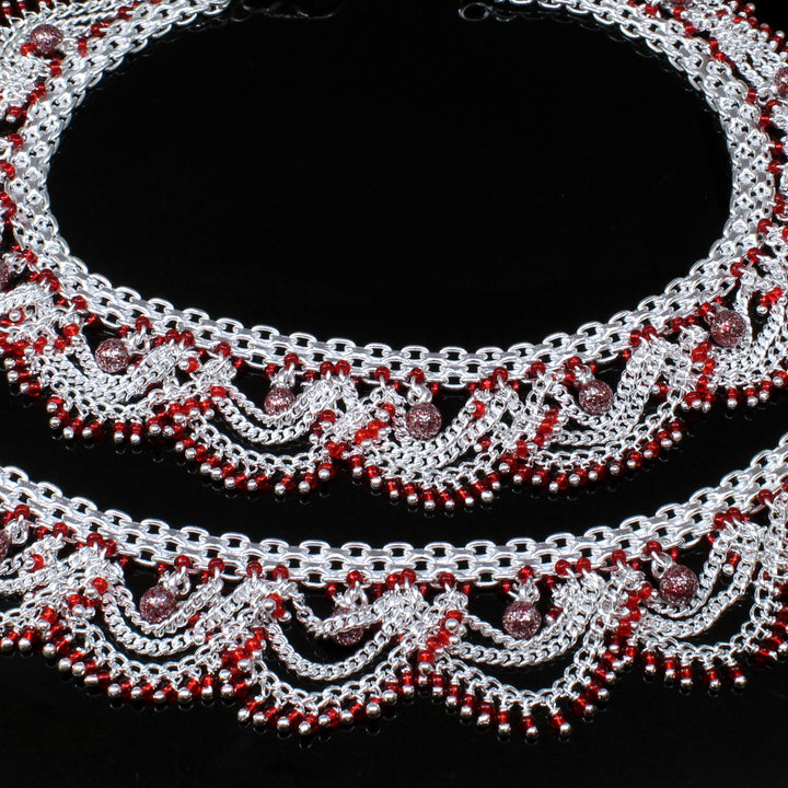 Red Beads Bridal Traditional Style Real 925 Silver Women Anklets Pair 10.5"