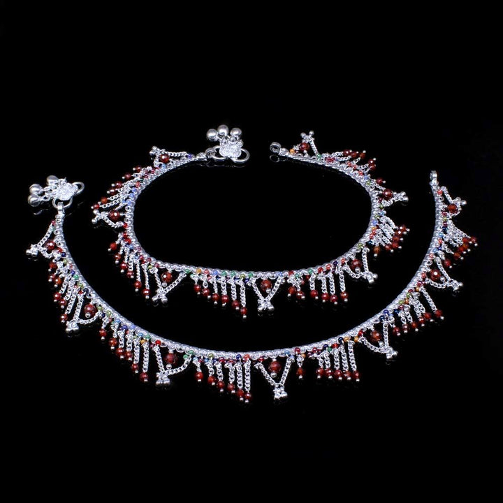 Multi Beads Ethnic Indian Traditional Real 925 Silver Women Anklets Pair 10.4"