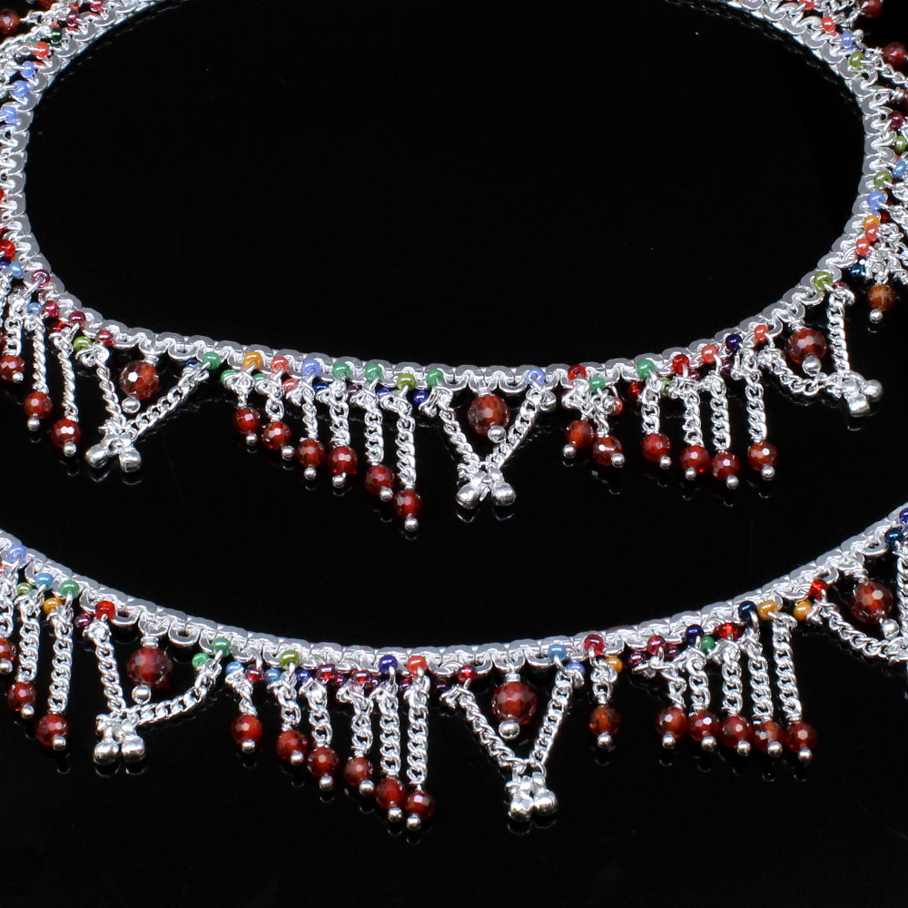 Multi Beads Ethnic Indian Traditional Real 925 Silver Women Anklets Pair 10.4"