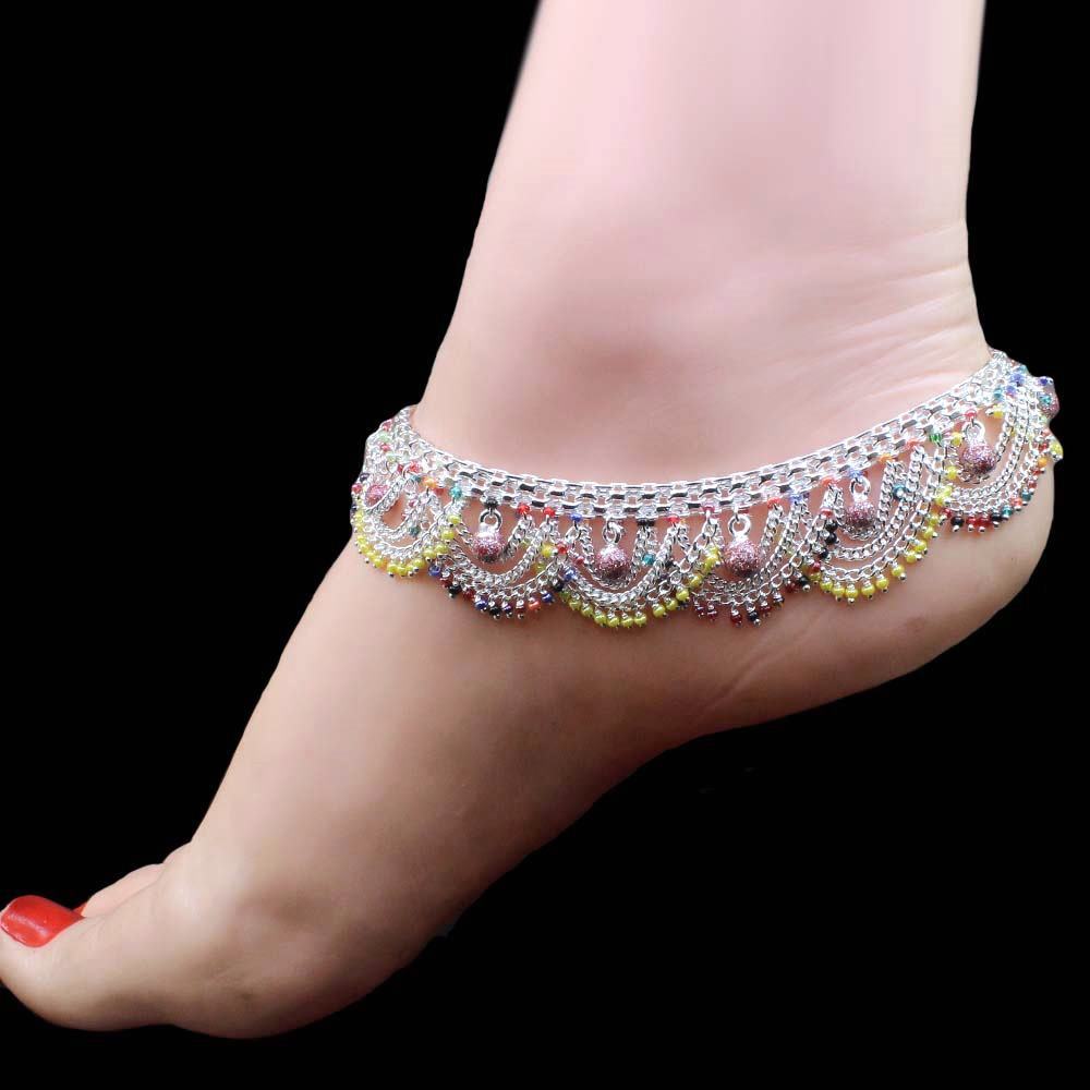Indian Style Bridal Real Solid Silver Multicolor Anklets Pair 10.4"
