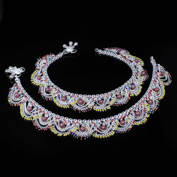 Indian Style Bridal Real Solid Silver Multicolor Anklets Pair 10.4"