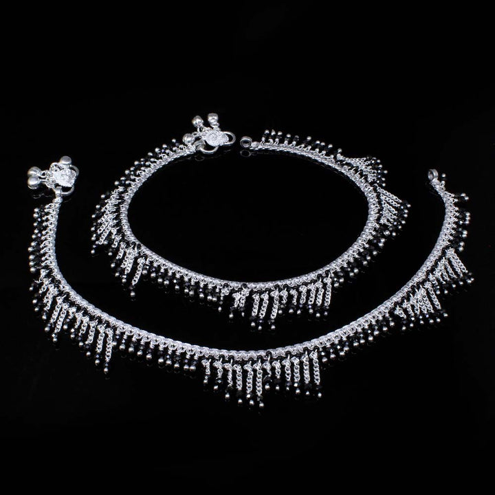 Real Solid 925 Silver Beautiful Black Beads Women Anklets Pair 10.4"