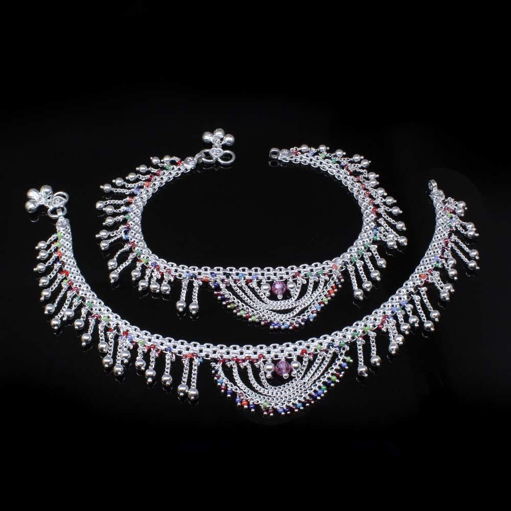 Bridal Indian Style Women Real Solid Silver Multicolor Anklets Pair 10.4"