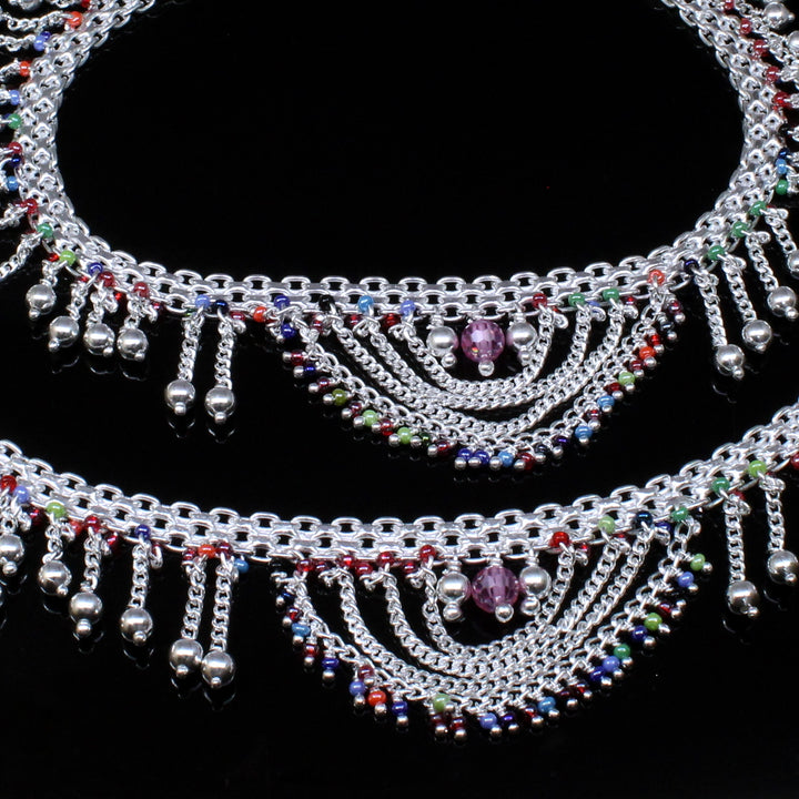 Bridal Indian Style Women Real Solid Silver Multicolor Anklets Pair 10.4"