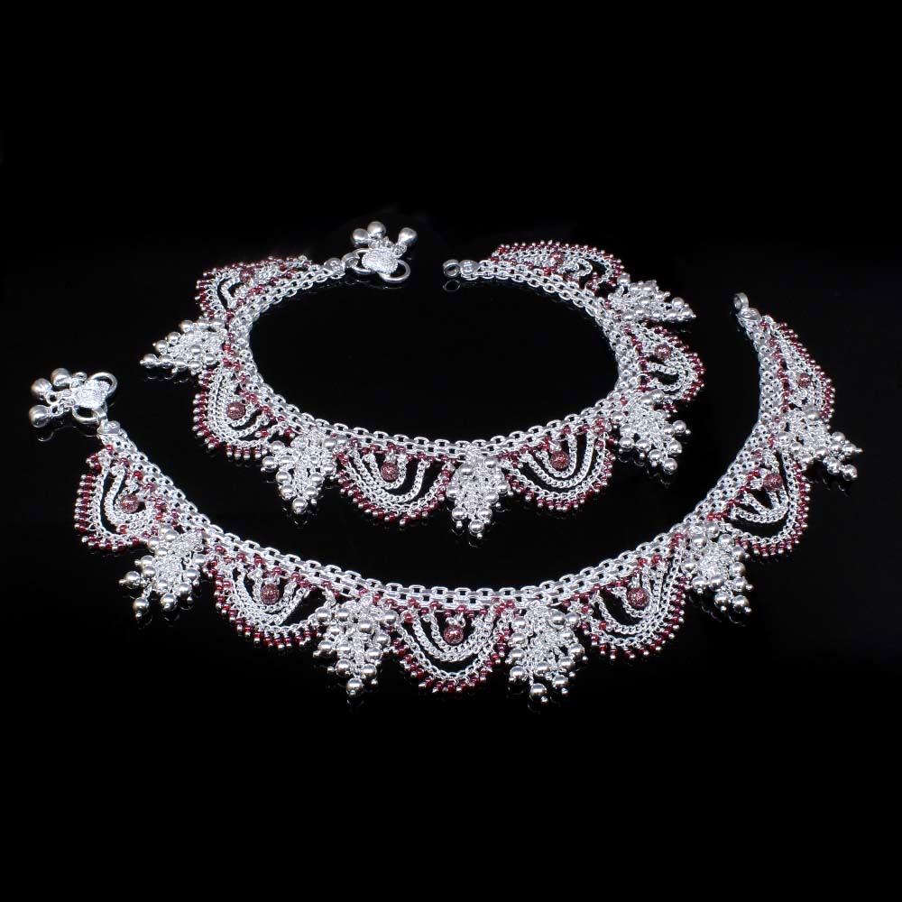 Traditional Indian Bridal Real Sterling Silver Women Red Anklets Pair 10.5"