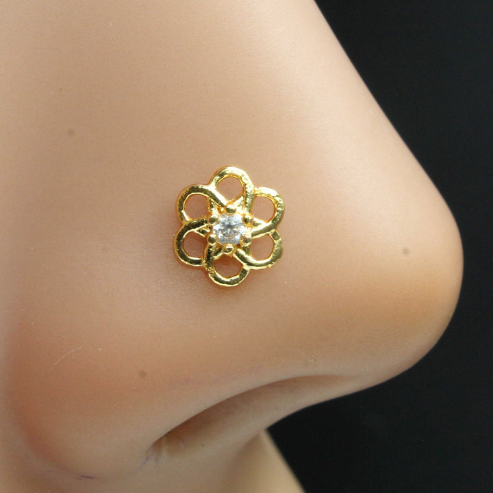 Flower Indian Gold Plated Nose Stud White CZ corkscrew piercing nose ring