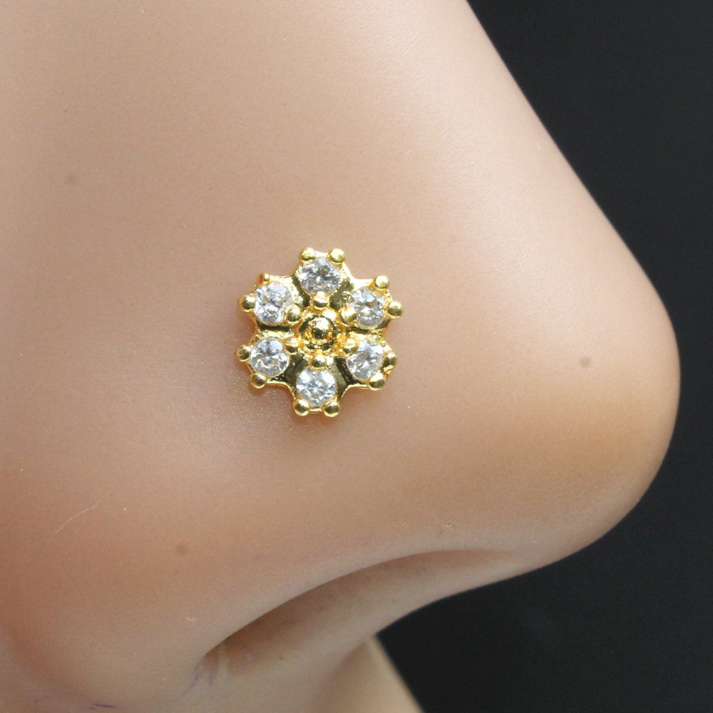 Flower Indian Gold Plated Nose Stud White CZ corkscrew piercing nose ring