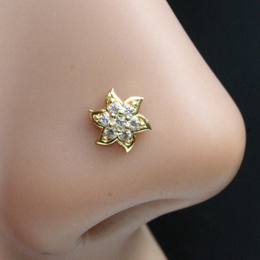Indian Star Gold Plated Nose Stud White CZ corkscrew piercing nose ring
