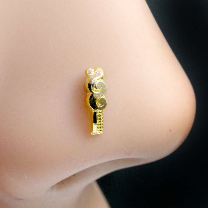 Ethnic Vertical Indian Style 14K Real Gold Nose Stud Indian Push pin Nose stud
