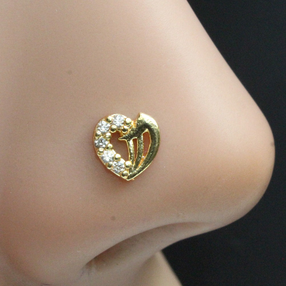 Indian Heart Gold Plated Nose Stud White CZ corkscrew piercing nose ring