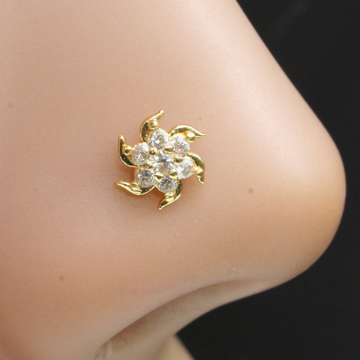 Indian Gold Plated Nose Stud White CZ corkscrew piercing nose ring