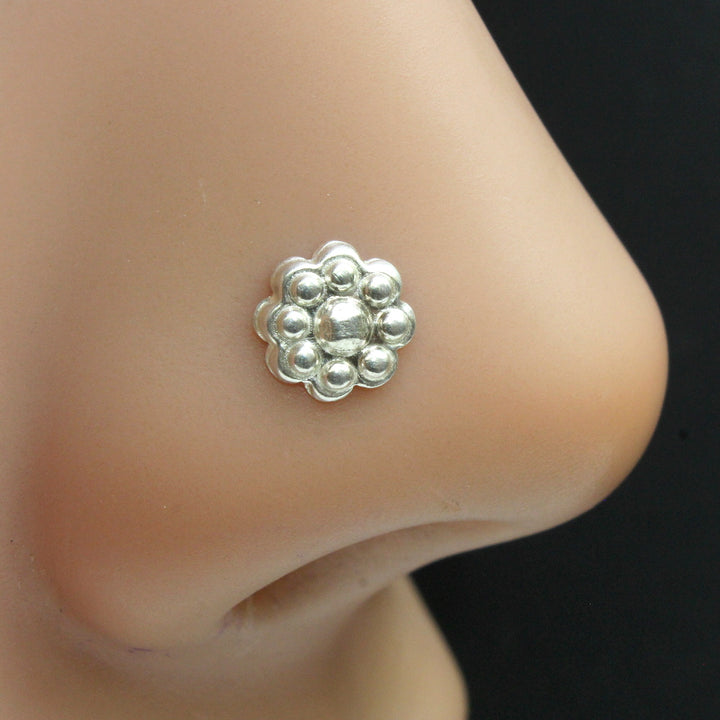 925 Sterling Silver Indian Flower Style Nose Stud Corkscrew nose ring L Bend