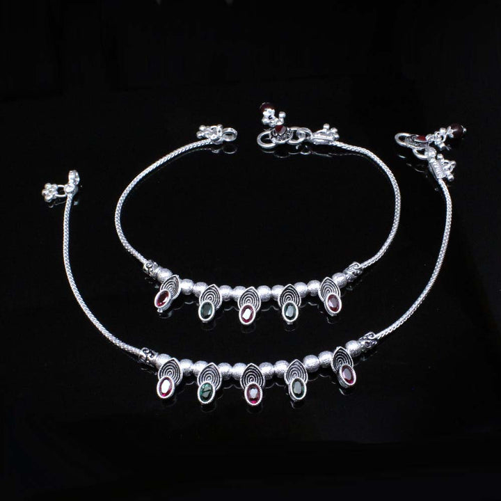 Real Silver Anklets Oxidized CZ Ankle Indian Women Style Bracelet Pair 10.8"