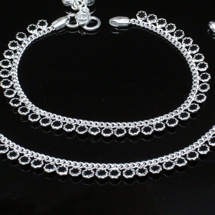 925 Silver Jewelry Kids Anklets Ankle Black CZ foot Bracelet 8"