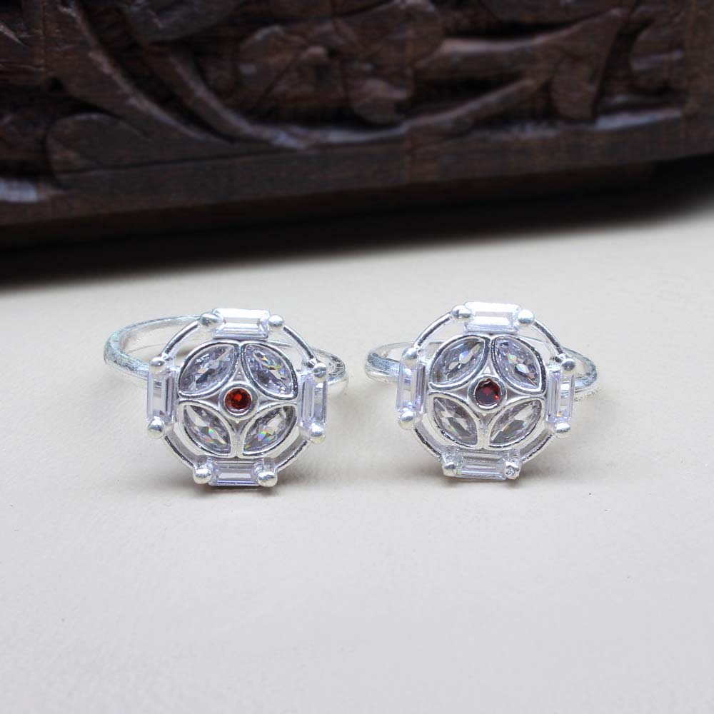 Real 925 Silver Cute Indian Ethnic Style Women Red White CZ Toe Ring Pair