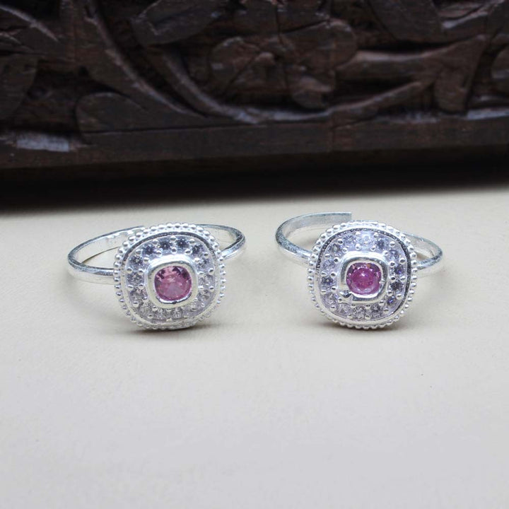 Traditional Style Real Solid 925 Silver Indian Women Pink White CZ Toe Ring Pair
