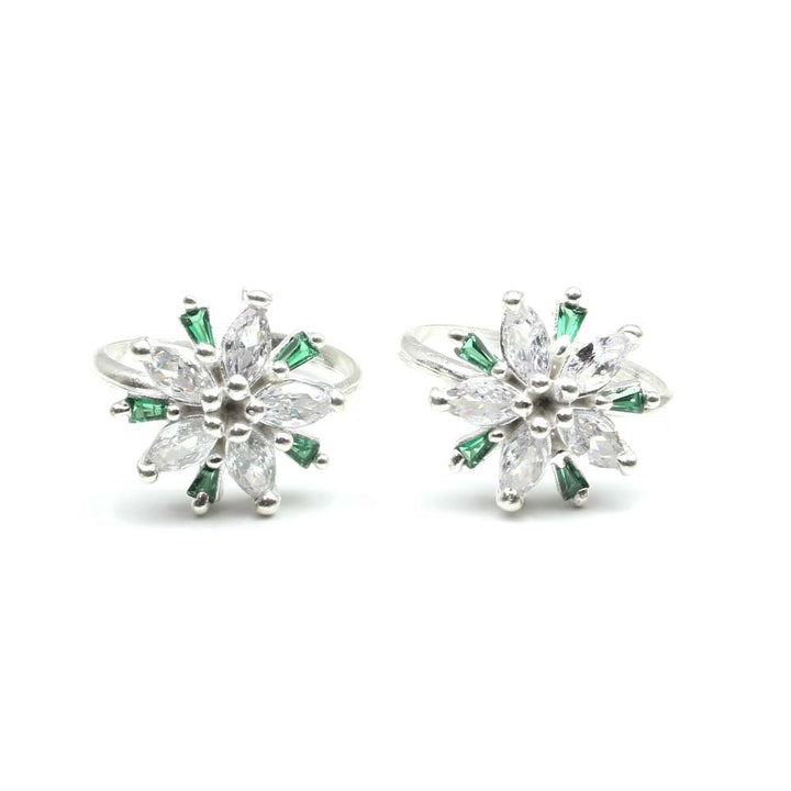 Real 925 Silver Star Shape Flower Indian Style Green White CZ Toe Ring Pair