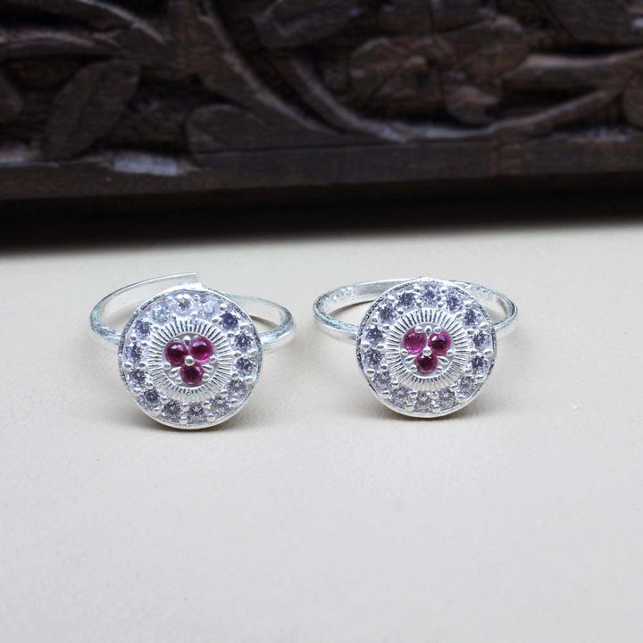 Real Solid 925 Silver Wheel Style Indian Women Pink White CZ Round Toe Ring Pair