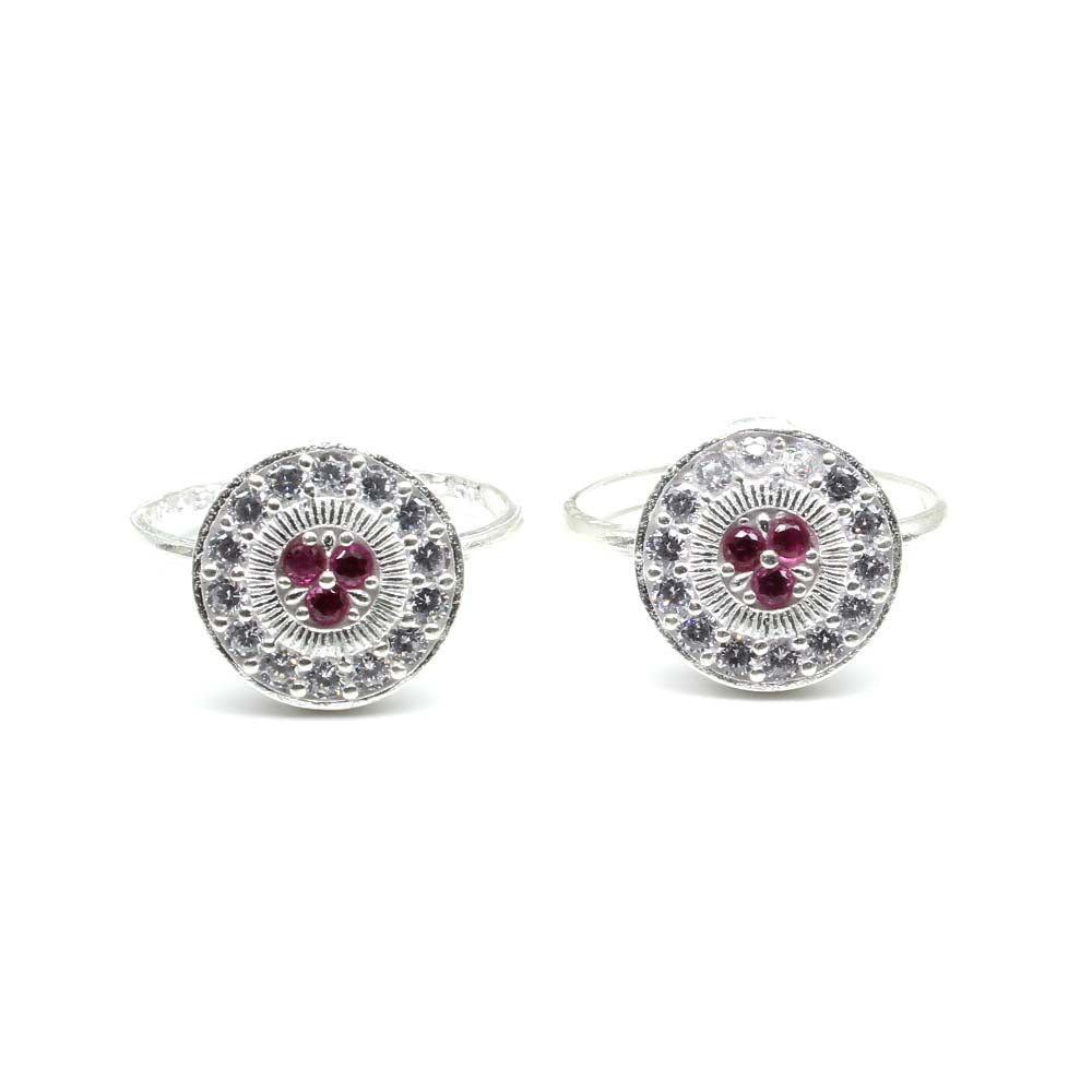 Real Solid 925 Silver Wheel Style Indian Women Pink White CZ Round Toe Ring Pair