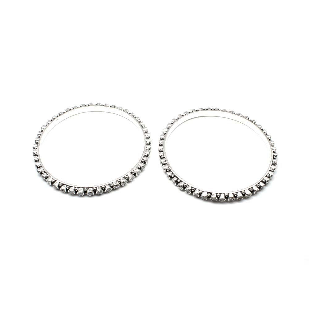 Cute Real Silver Oxidized White CZ Women Bangles Bracelet 5.7 CM - Pair