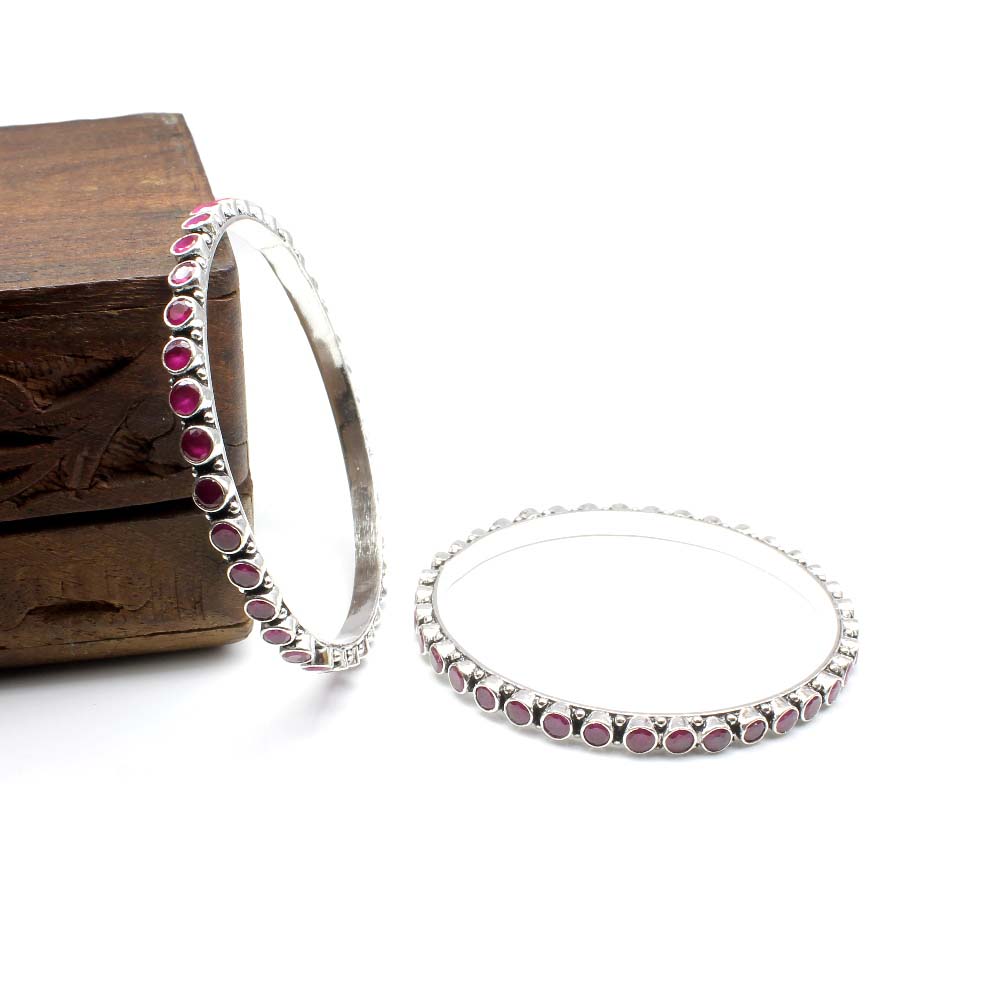 Cute Real 925 Silver Pink CZ Indian Style Women Oxidized Bangles Bracelet - 6 CM