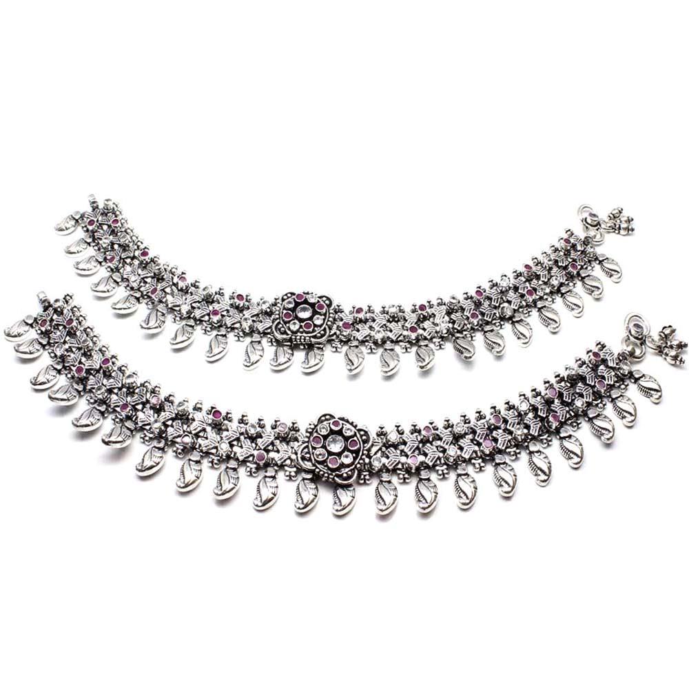 Traditional Style Oxidized Real Silver CZ Ankle chain Anklets for Women 10"