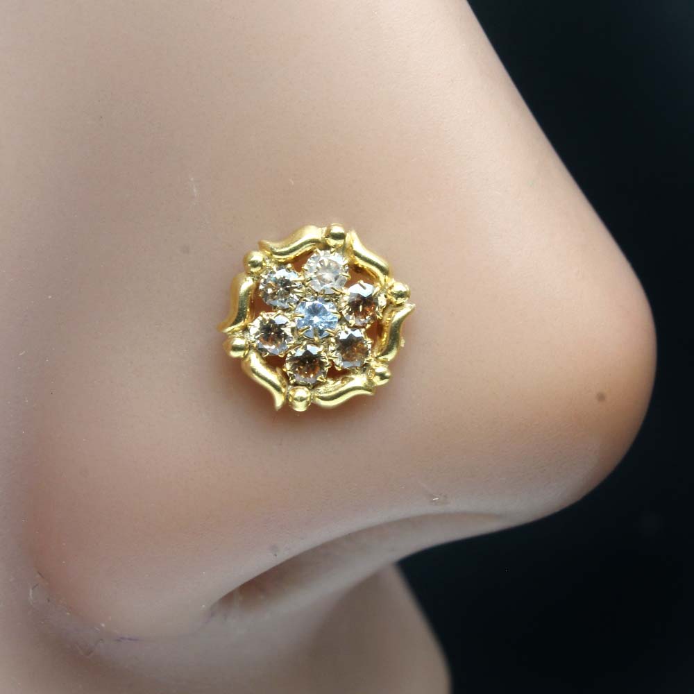 Round Flower Gold Plated Indian Style Nose Studs CZ Twisted Select nose ring