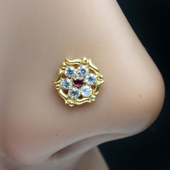Round Flower Gold Plated Indian Style Nose Studs CZ Twisted Select nose ring