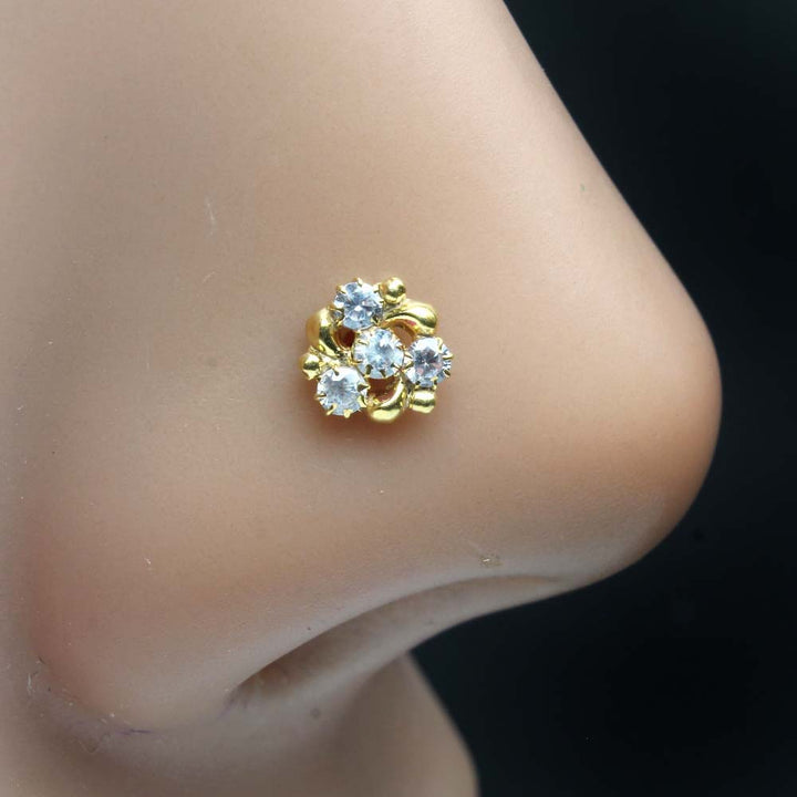 Beautiful Small Gold Plated Indian Style Nose Studs CZ Corkscrew nose ring