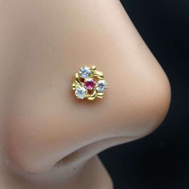 Beautiful Small Gold Plated Indian Style Nose Studs CZ Corkscrew nose ring
