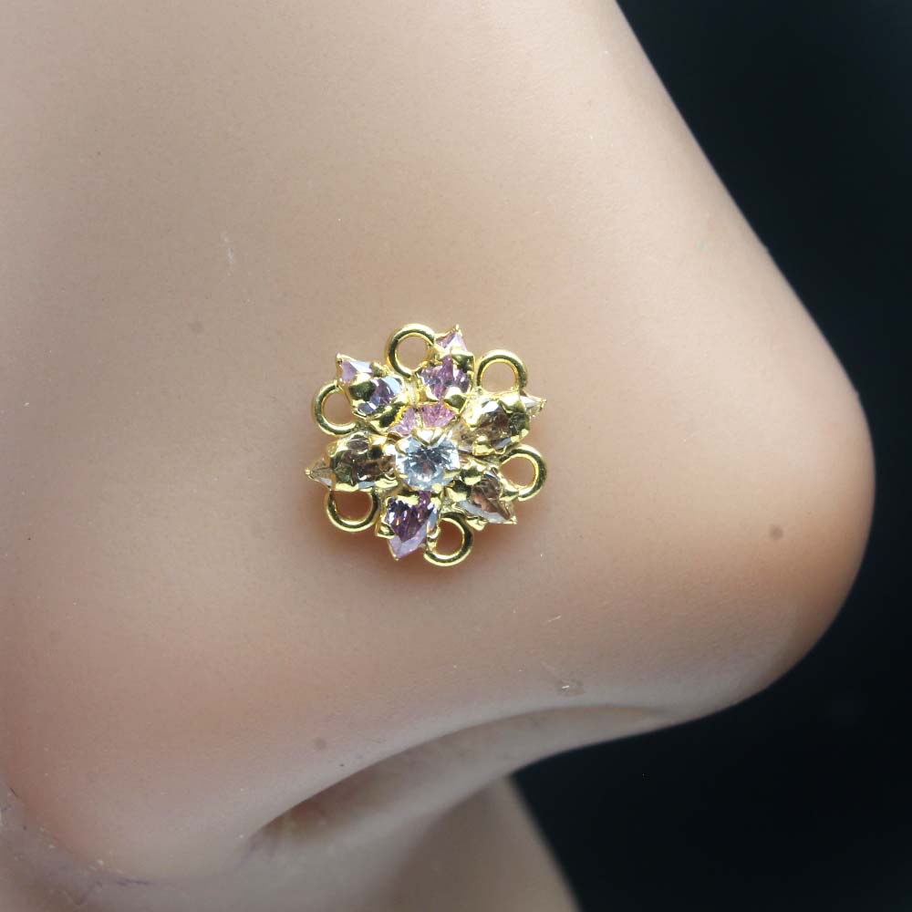 Flower Style Gold Plated Indian women Nose Studs CZ Twisted nose ring