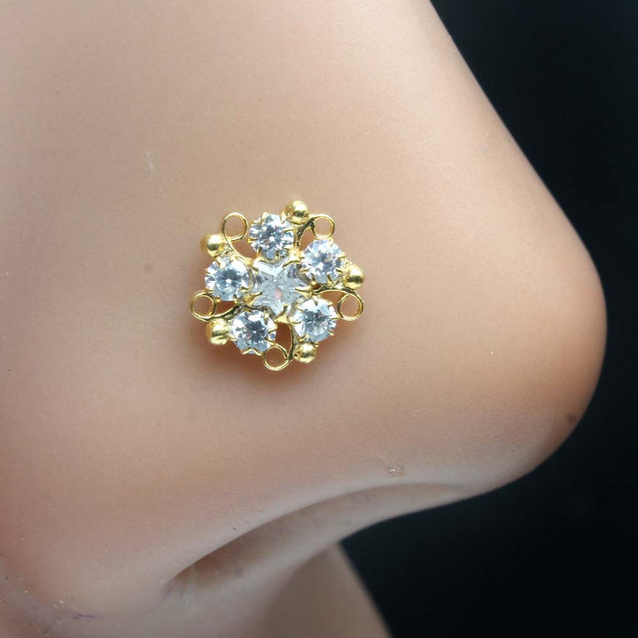 Beautiful Gold Plated Indian Style Nose Studs CZ Twist nose ring 24g