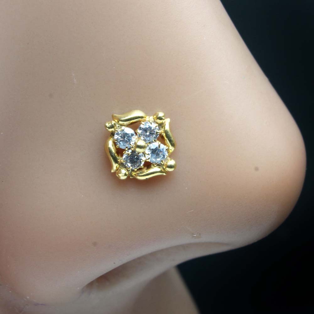 Cute Ethnic Gold Plated Indian Style Nose Studs CZ Twisted nose ring