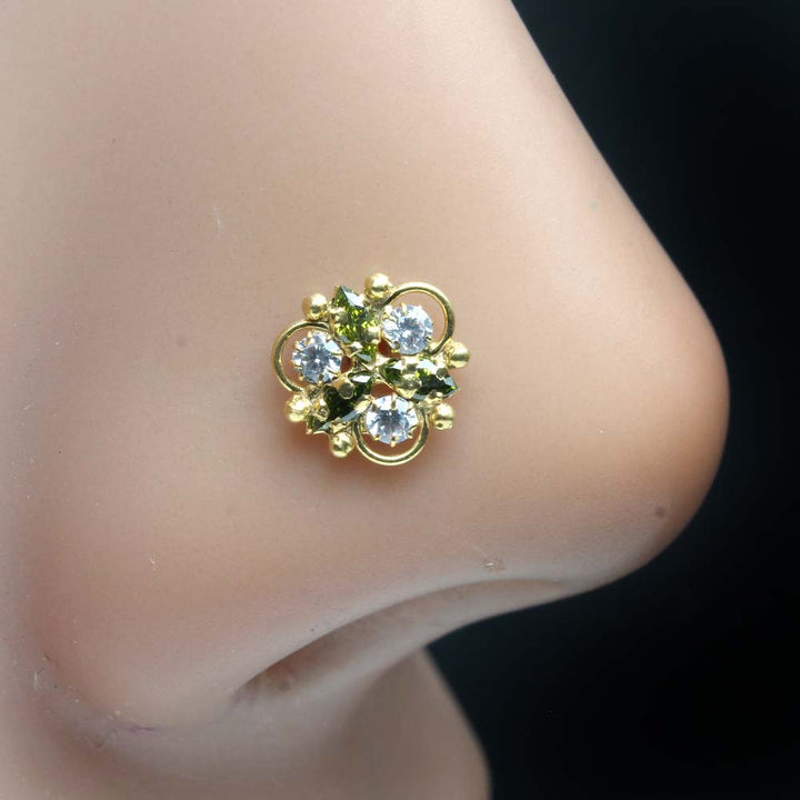 Ethnic Gold Plated Indian Women Style Nose Studs CZ Twisted nose ring 24g