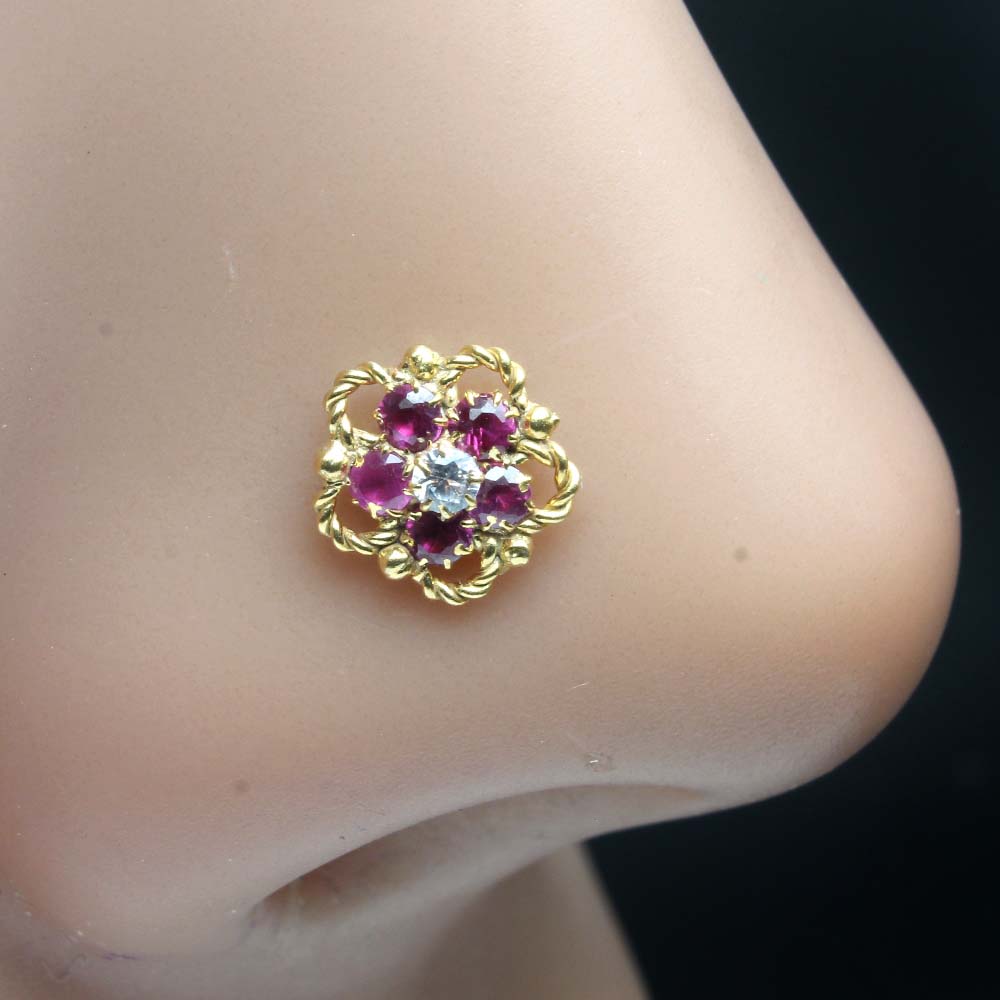 Cute Flower Gold Plated Indian Women Style Nose Studs CZ Twisted nose ring 24g